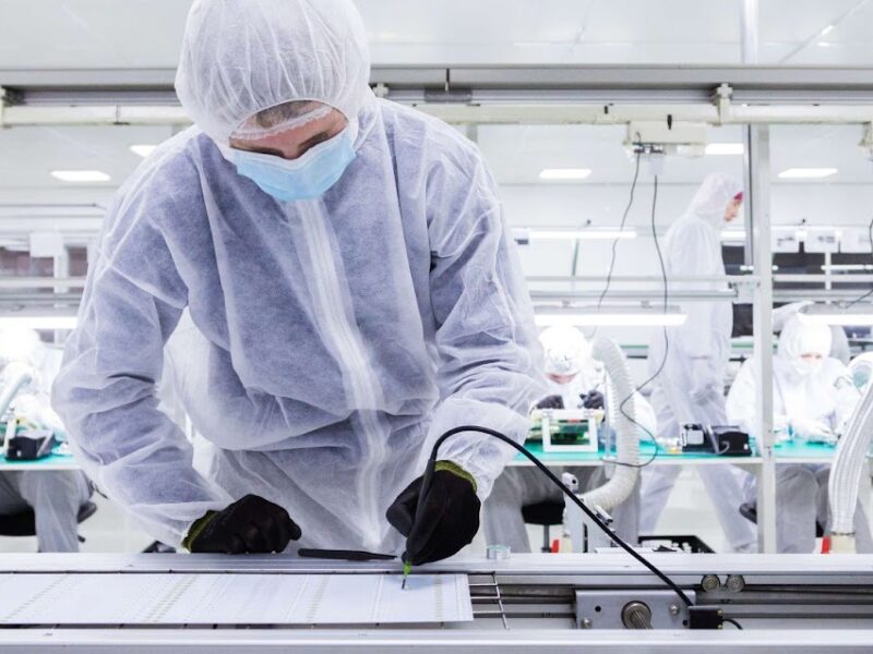 A factory worker works on the assembly line in a safety suit