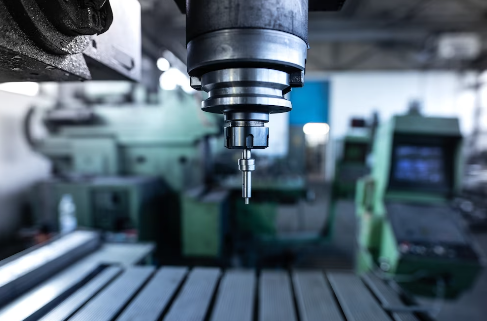 Industrial metal drill machine in metalworking room