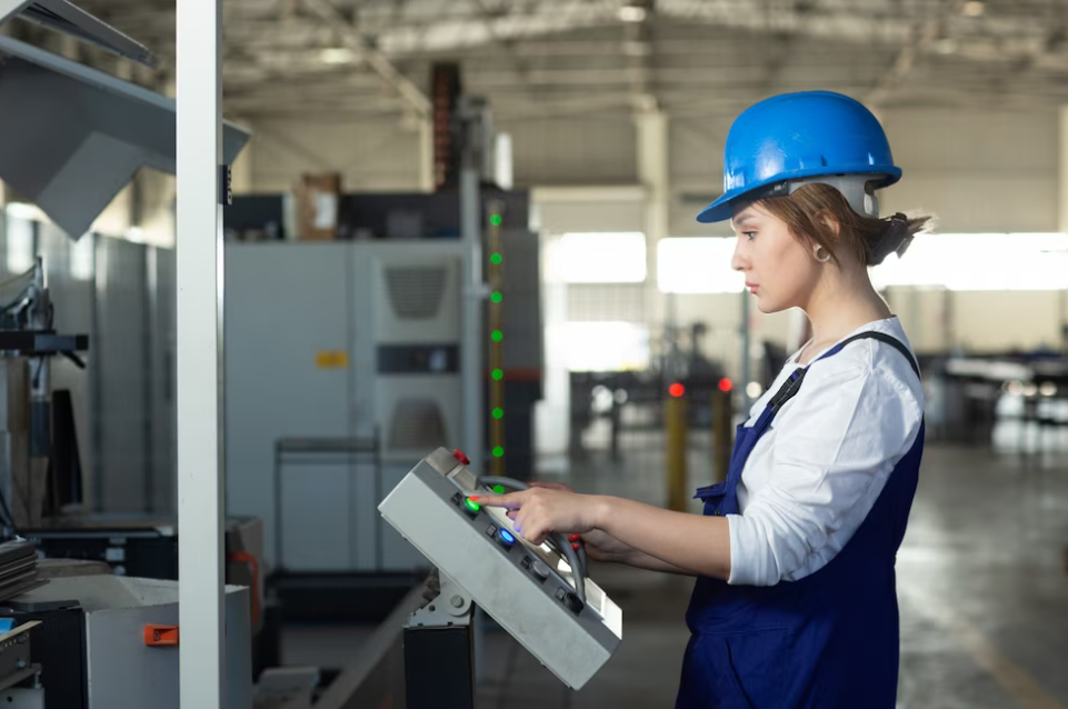 woman in blue construction suit and helmet near the controlling machines