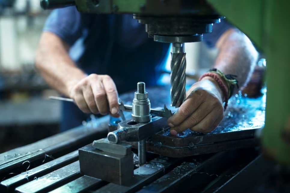 mans hand work with cnc machine